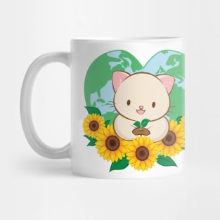 Love Our Planet Cute White Cat and Sunflowers Kawaii Earth Day Mug